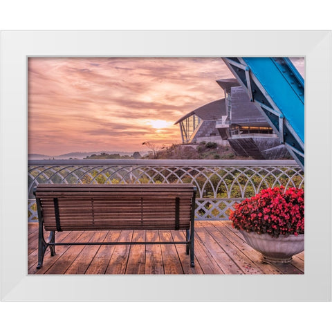 Walnut Bench and Hunter Morning White Modern Wood Framed Art Print by Lee, Rachel