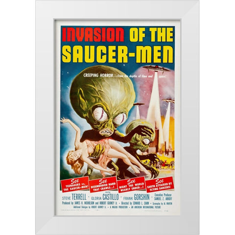 Invasion Of The Saucer Men White Modern Wood Framed Art Print by Screendoor