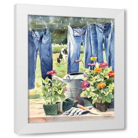 Blue jeans, Zinnias and Cow White Modern Wood Framed Art Print by Babbitt, Gwendolyn