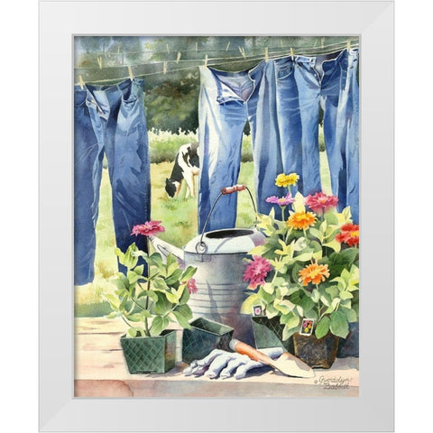 Blue jeans, Zinnias and Cow White Modern Wood Framed Art Print by Babbitt, Gwendolyn