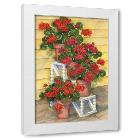 Spindle Shelf Geraniums White Modern Wood Framed Art Print by Brent, Paul