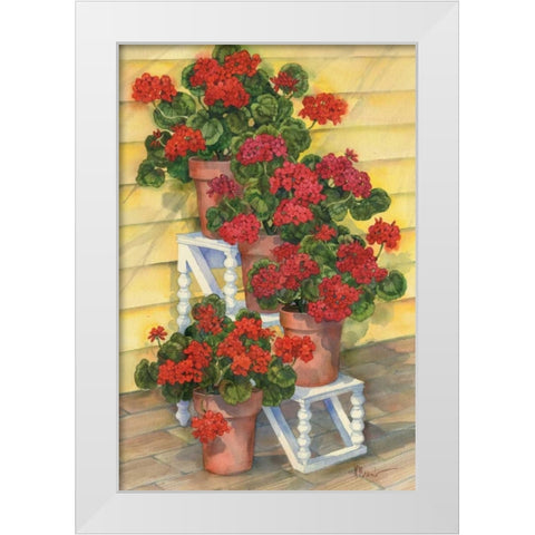 Spindle Shelf Geraniums White Modern Wood Framed Art Print by Brent, Paul