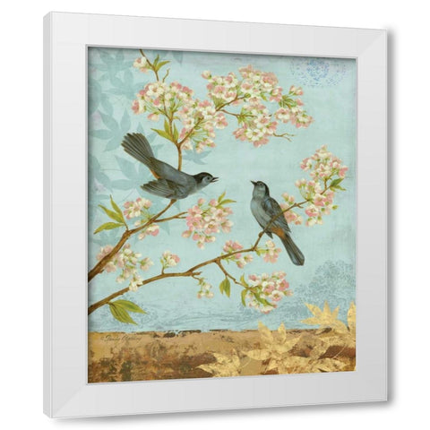 Catbirds and Blooms White Modern Wood Framed Art Print by Gladding, Pamela