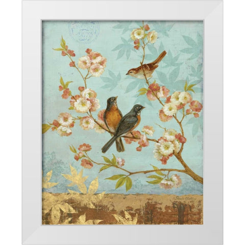 Robins and Blooms White Modern Wood Framed Art Print by Gladding, Pamela