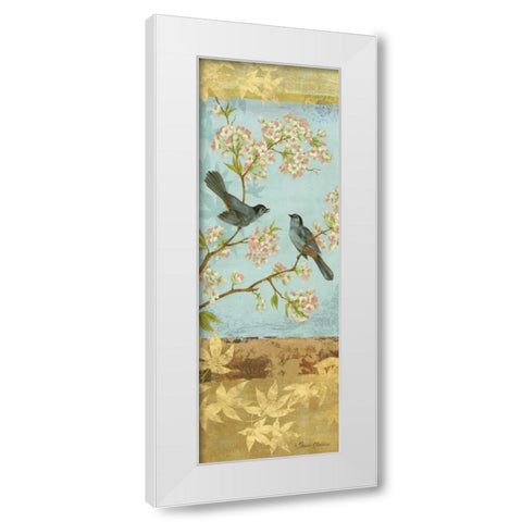 Catbirds and Blooms Panel White Modern Wood Framed Art Print by Gladding, Pamela