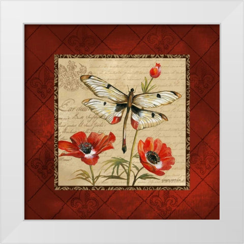 Dragonfly and Poppies White Modern Wood Framed Art Print by Gorham, Gregory