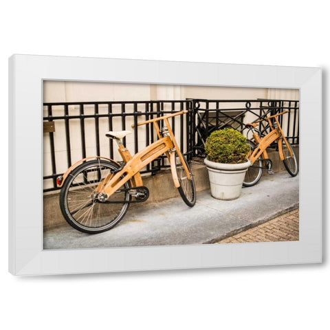 Wooden Bicycles in Amsterdam White Modern Wood Framed Art Print by Berzel, Erin