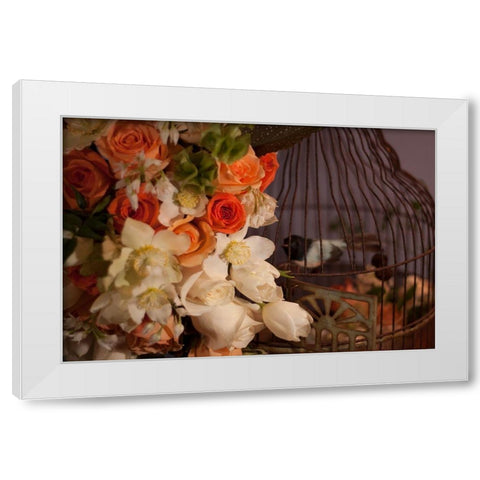 Flowers and Bird Cage I White Modern Wood Framed Art Print by Crane, Rita