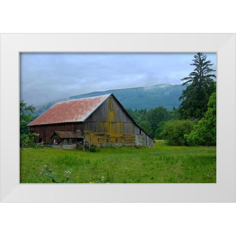 Barn in the Mist White Modern Wood Framed Art Print by Johnson, George