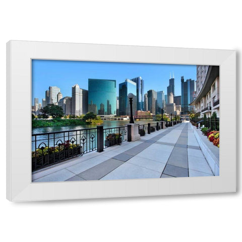 Sidewalk Skyline River White Modern Wood Framed Art Print by Malvin, Larry