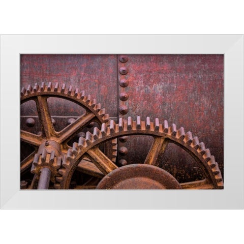 Rusty Gears II White Modern Wood Framed Art Print by Mahan, Kathy