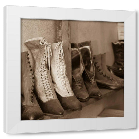 Vintage Boots White Modern Wood Framed Art Print by Mahan, Kathy