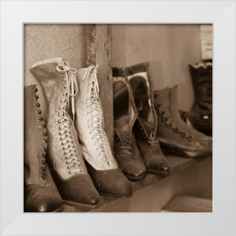 Vintage Boots White Modern Wood Framed Art Print by Mahan, Kathy