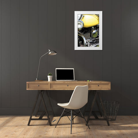 Yellow Motorcycle White Modern Wood Framed Art Print by Putman, Tammy