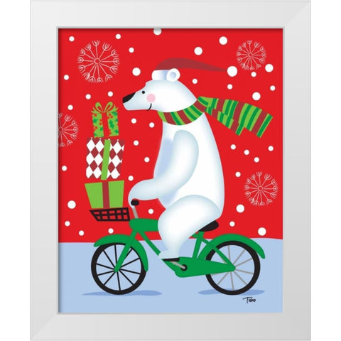 Polar Bear and Bicicle White Modern Wood Framed Art Print by Woo, Teresa