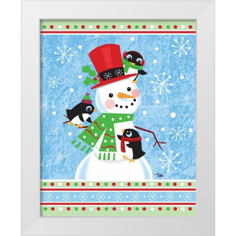 Penguins and Snowman White Modern Wood Framed Art Print by Woo, Teresa