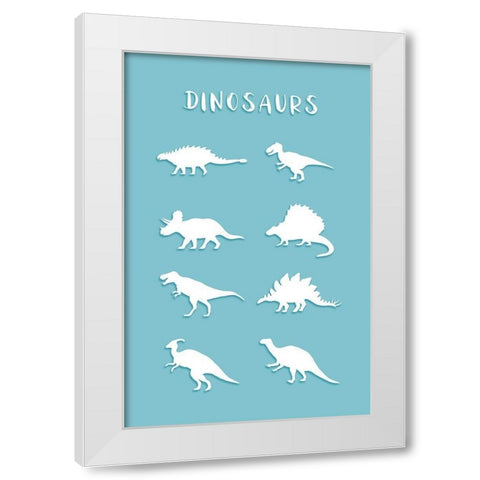 Dinosaurs Cyan White Modern Wood Framed Art Print by Aesthete
