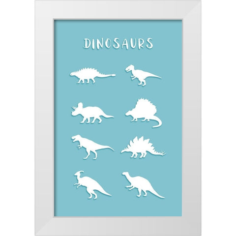 Dinosaurs Cyan White Modern Wood Framed Art Print by Aesthete