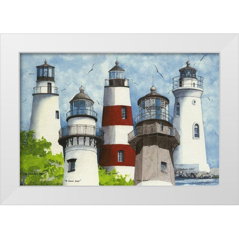 All Five Georgia Lighthouses White Modern Wood Framed Art Print by Rizzo, Gene