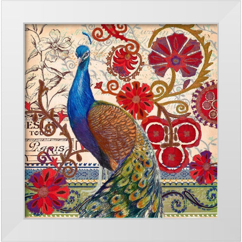 Peacock Decore II White Modern Wood Framed Art Print by Art Licensing Studio