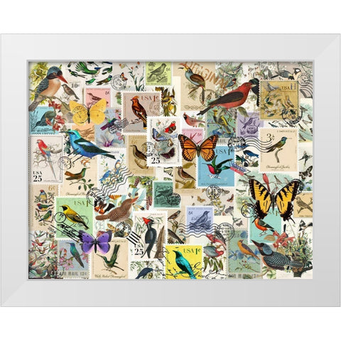 Stamp Collector - Birds and Butterflies White Modern Wood Framed Art Print by Art Licensing Studio