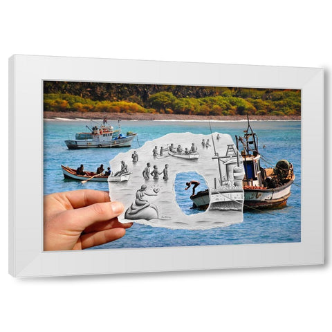 Pencil vs Camera - Boats and Swimmers White Modern Wood Framed Art Print by Heine, Ben