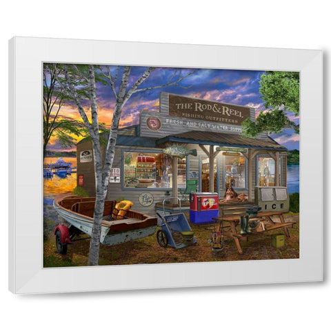 The Rod and Reel White Modern Wood Framed Art Print by Bigelow Illustrations- Exclusive