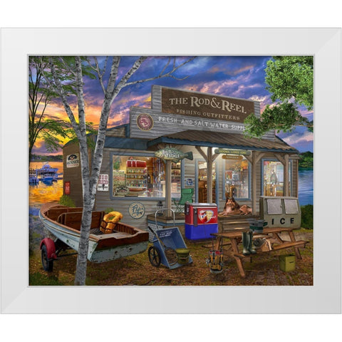 The Rod and Reel White Modern Wood Framed Art Print by Bigelow Illustrations- Exclusive