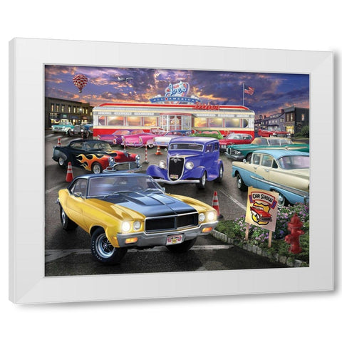 Diner Car Show White Modern Wood Framed Art Print by Bigelow Illustrations- Exclusive