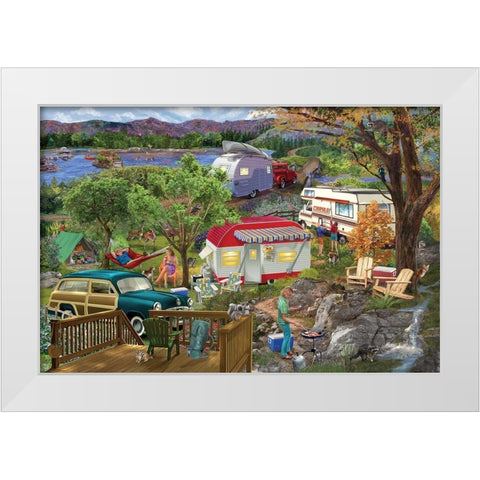 Mountain Camper White Modern Wood Framed Art Print by Bigelow Illustrations- Exclusive