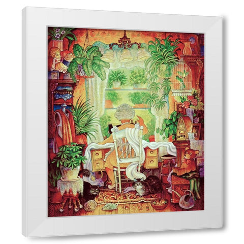 The Sewing Lady 2 White Modern Wood Framed Art Print by Bell, Bill