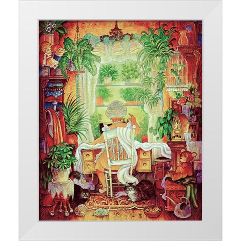 The Sewing Lady 2 White Modern Wood Framed Art Print by Bell, Bill