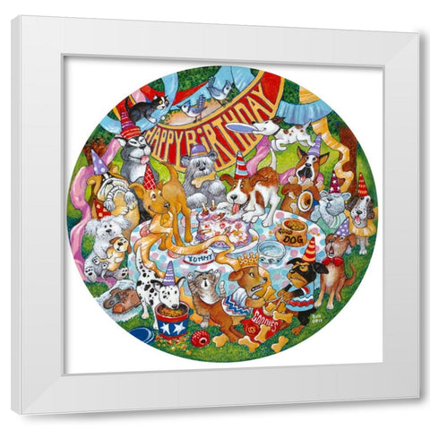 Birthday Dogs White Modern Wood Framed Art Print by Bell, Bill