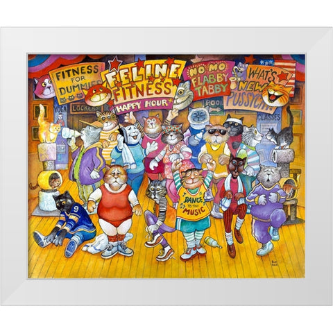 Feline Fitness White Modern Wood Framed Art Print by Bell, Bill