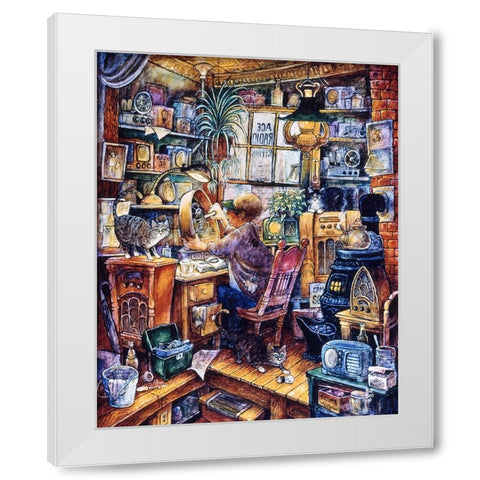 Radio Repairman White Modern Wood Framed Art Print by Bell, Bill