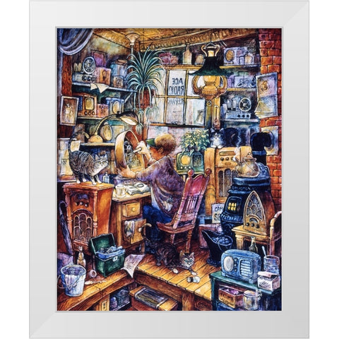 Radio Repairman White Modern Wood Framed Art Print by Bell, Bill