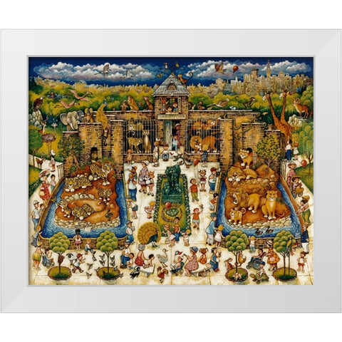 Cats And Kids At The Zoo White Modern Wood Framed Art Print by Bell, Bill
