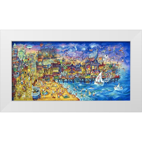 Fireworks Over Steel Pier White Modern Wood Framed Art Print by Bell, Bill