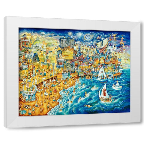 Steel Pier Night And Day White Modern Wood Framed Art Print by Bell, Bill