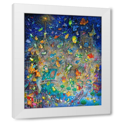 Raining Frogs And Fishes White Modern Wood Framed Art Print by Bell, Bill