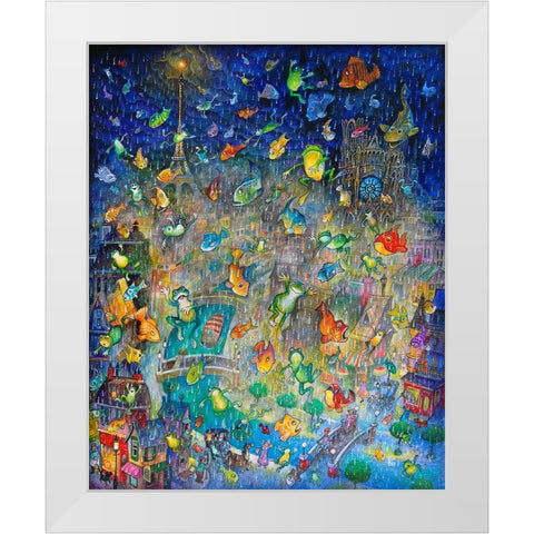 Raining Frogs And Fishes White Modern Wood Framed Art Print by Bell, Bill