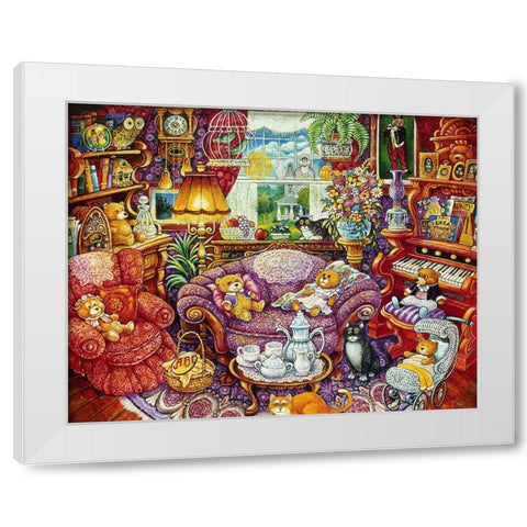 Teatime For Teddy White Modern Wood Framed Art Print by Bell, Bill