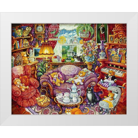 Teatime For Teddy White Modern Wood Framed Art Print by Bell, Bill