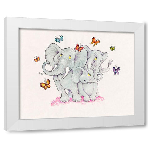 Elephants And Butterflies White Modern Wood Framed Art Print by Bell, Bill