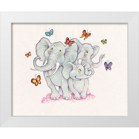 Elephants And Butterflies White Modern Wood Framed Art Print by Bell, Bill