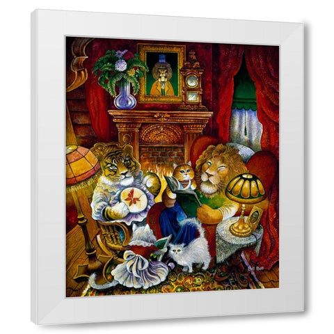 Lion Reading A Book White Modern Wood Framed Art Print by Bell, Bill