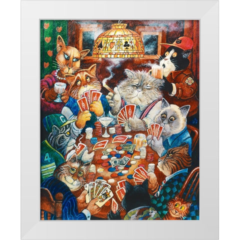 Poker Cats White Modern Wood Framed Art Print by Bell, Bill