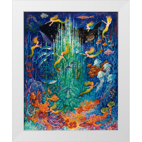 Neptune And The Mermaids White Modern Wood Framed Art Print by Bell, Bill