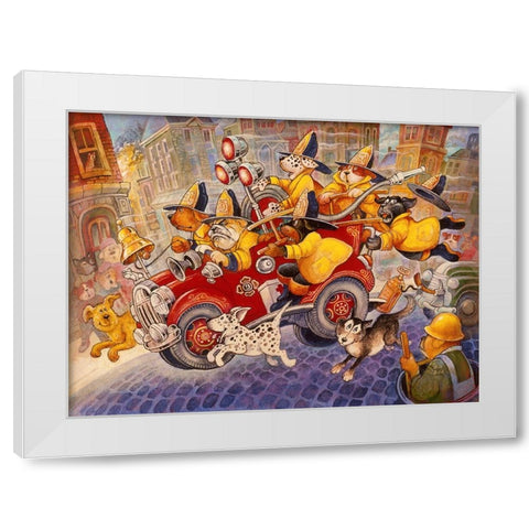 Hot Dog Firefighters White Modern Wood Framed Art Print by Bell, Bill