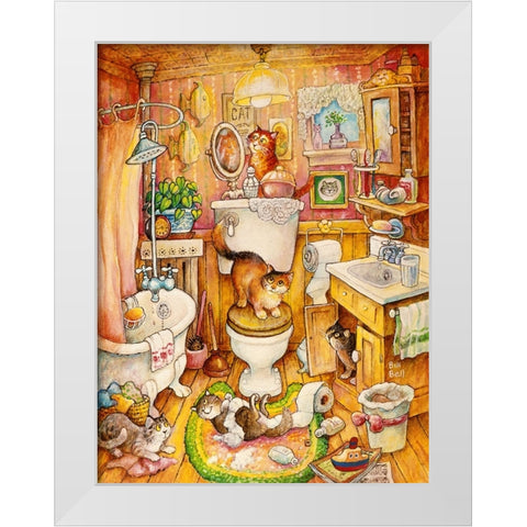 More Bathroom Cats White Modern Wood Framed Art Print by Bell, Bill